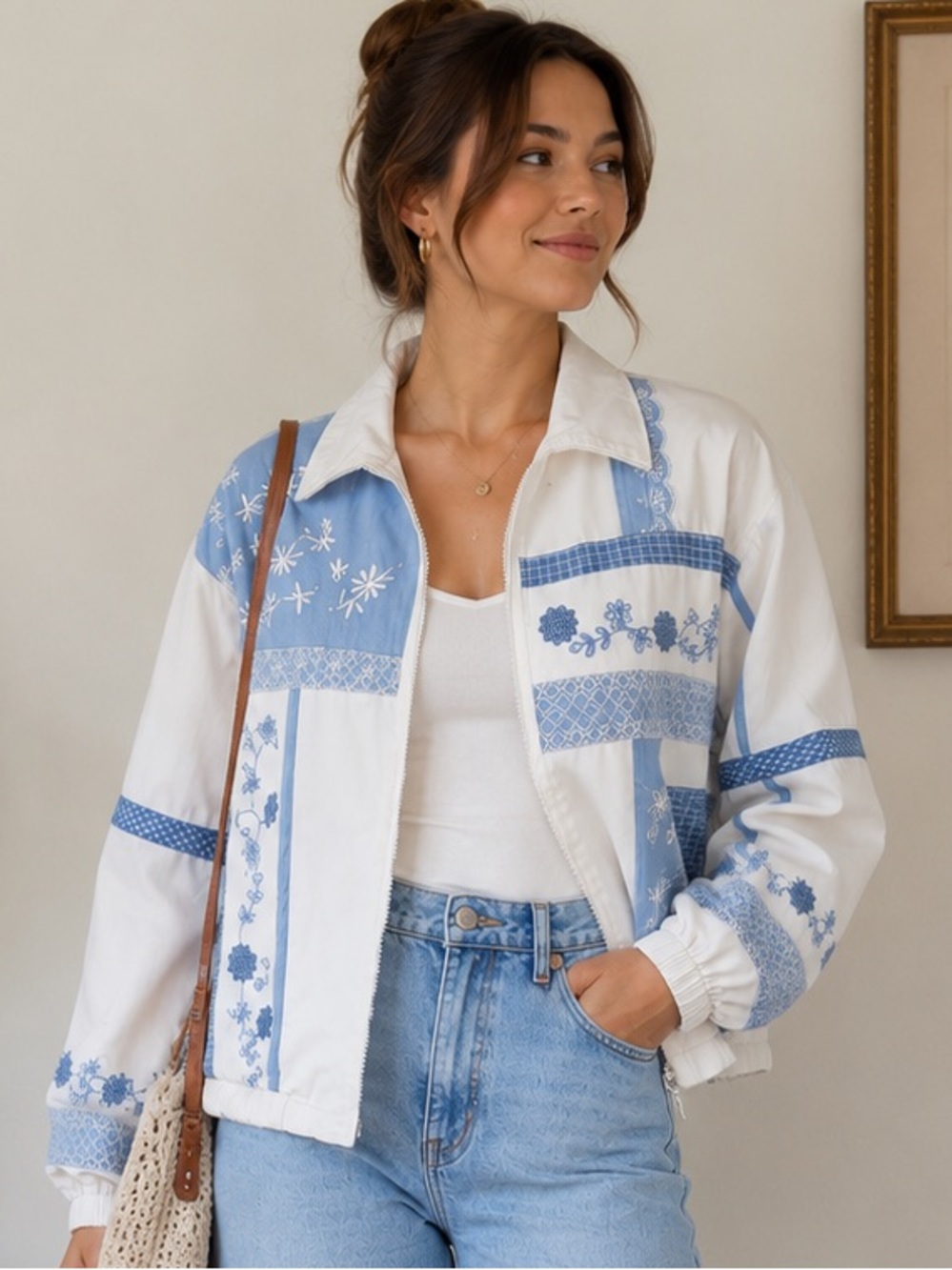 Patchwork Quilt Bomber Jacket Floral Embroidered Coastal Blue White | Medium